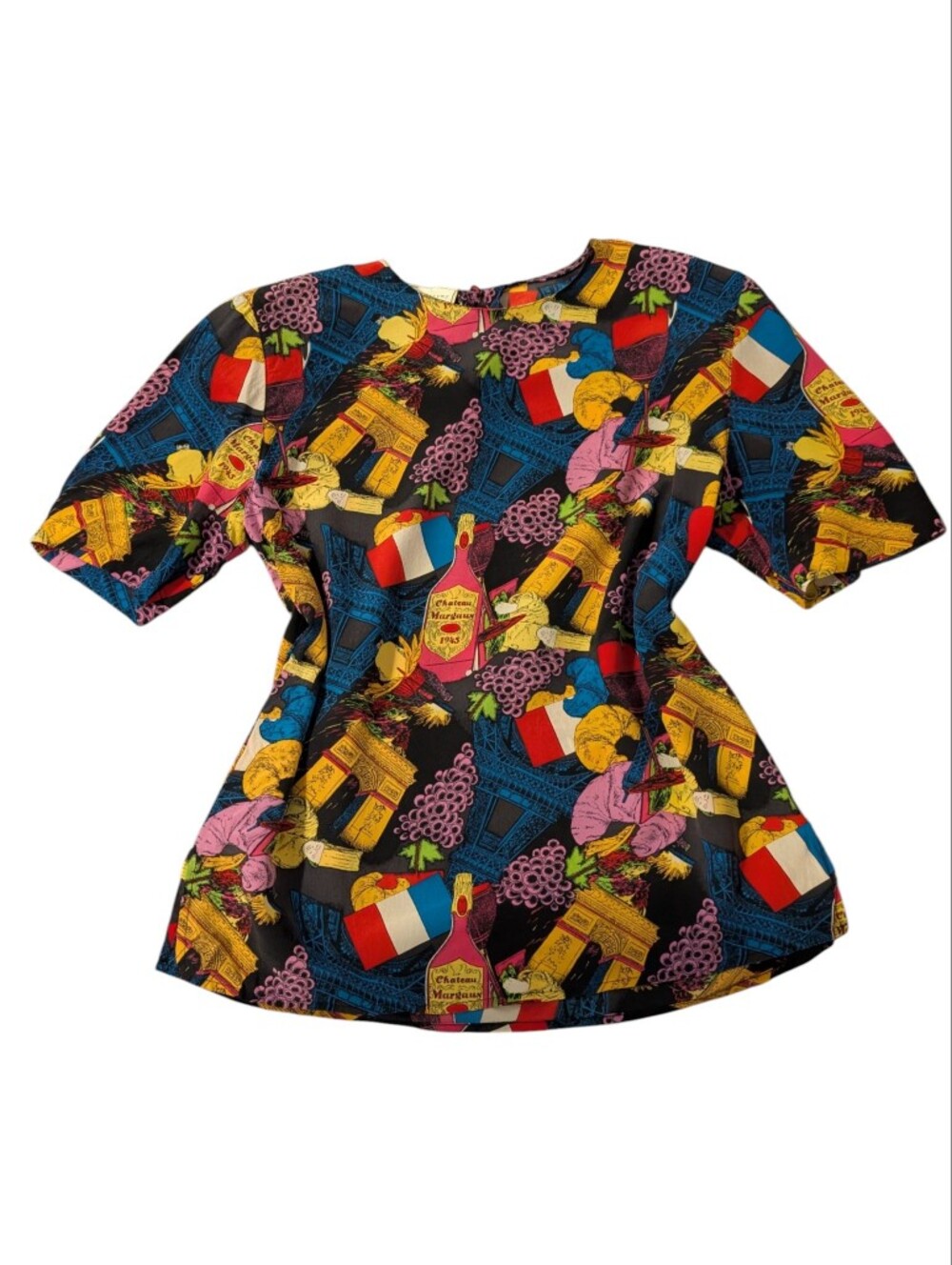 Vintage Spencer Jeremy 100% Silk Paris Novelty‎ Print Top Short Sleeve Blouse